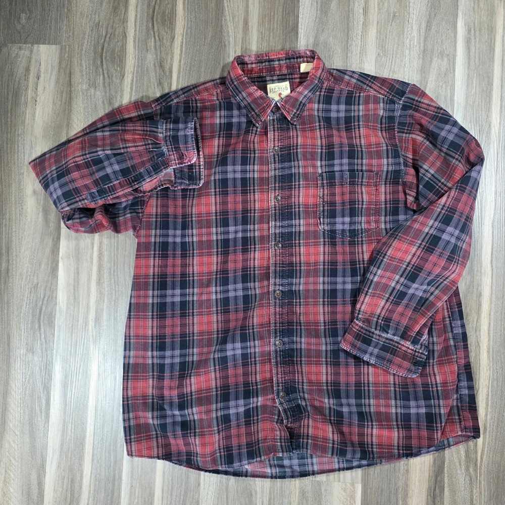 RedHead Brand Co Mens XL Red Black Plaid Corduroy Button Down Shirt Long Sleeve‎